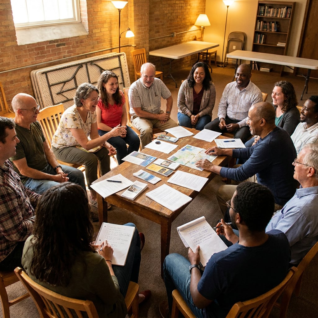 Residents gathered around a table at a community meeting, reviewing documents and maps