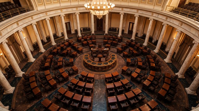A legislative chamber seen from above, with rows of wooden desks around a central rostrum
