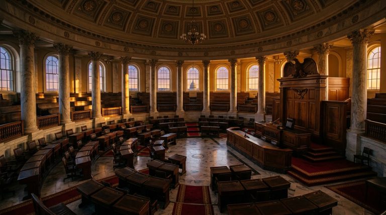 A wood-paneled legislative chamber with tall windows and rows of desks