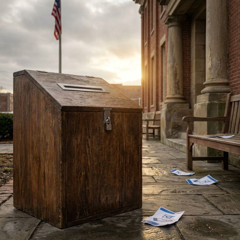A wooden ballot box outside a brick courthouse